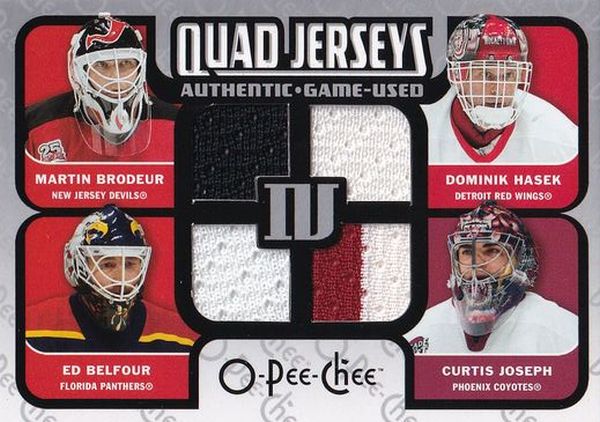 jersey karta BRODEUR/HAŠEK/BELFOUR/JOSEPH 07-08 OPC Quad Jerseys číslo QM-BJBH