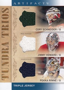 jersey karta SCHNEIDER/HOWARD/RINNE 14-15 Artifacts Tundra Trios číslo T3-GOALIE