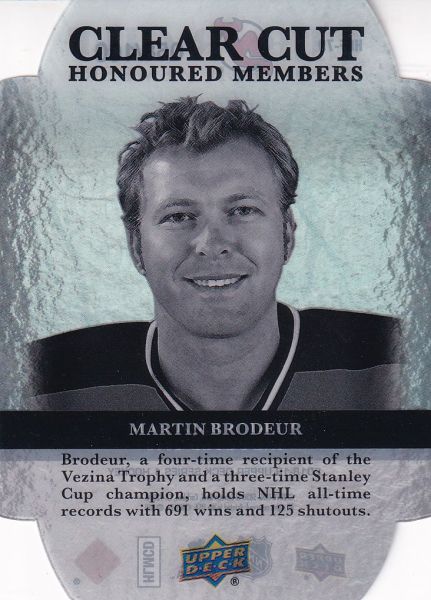 insert karta MARTIN BRODEUR 18-19 UD Ser. 1 Clear Cut Honoured Members /100