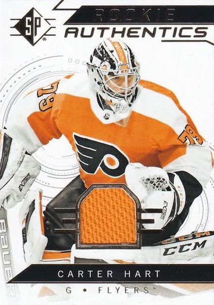 jersey RC karta CARTER HART 18-19 UD SP Rookie Authentics Materials číslo 117